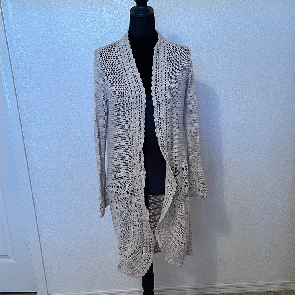Chico's Beige Crochet Open-Front Cardigan